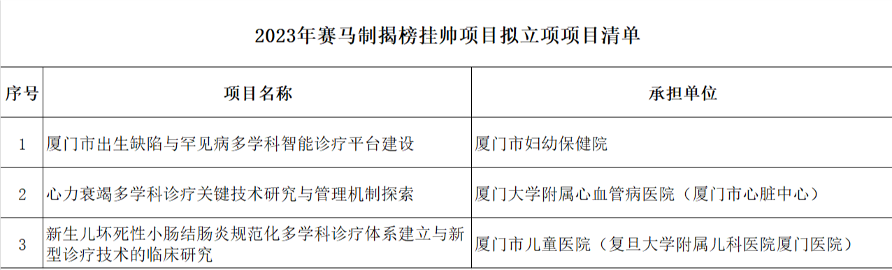 廈門市公示賽馬制揭榜掛帥項目擬立項項目